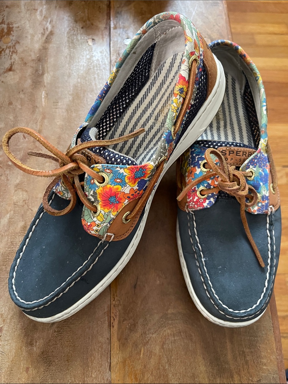 Sperry Navy Leather Boat Shoes with Multicolor Floral Trim